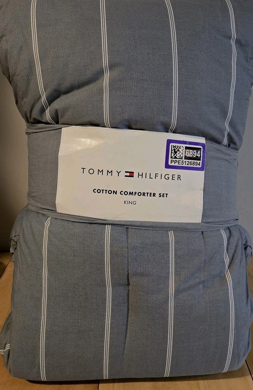 Tommy Hilfiger Gray Blue & White Striped 100% Cotton KING Quilt SET 3pc NEW